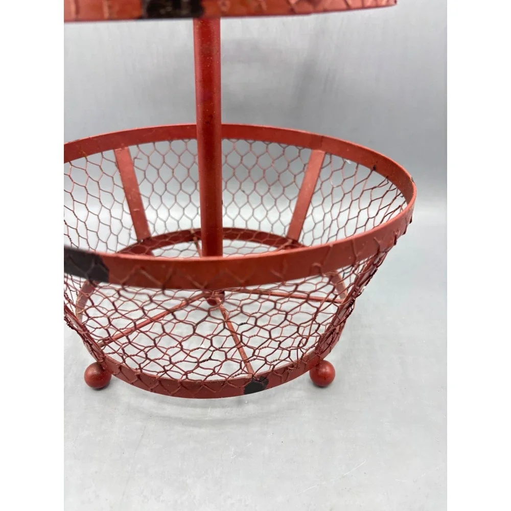 Vintage Red Metal Rooster 2 Tier Chicken Wire Basket Farmhouse Fruit Stand 14.5